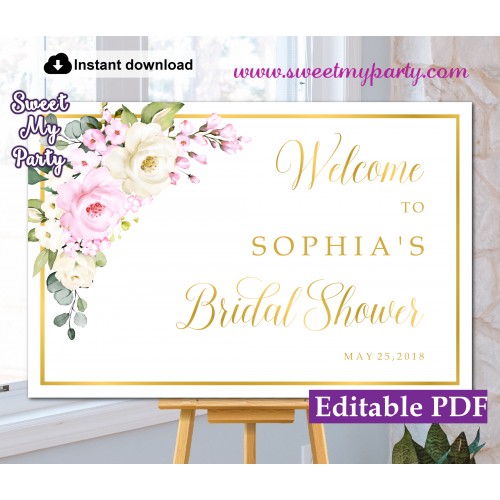 Cream pink roses Bridal Shower welcome sign template,Bridal Shower welcome sign,(135a)